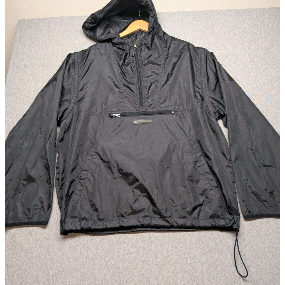VTG Y2K Tommy Hilfiger Jeans Hooded Rain Pullover Men XXL black 1/4 Zip Nylon